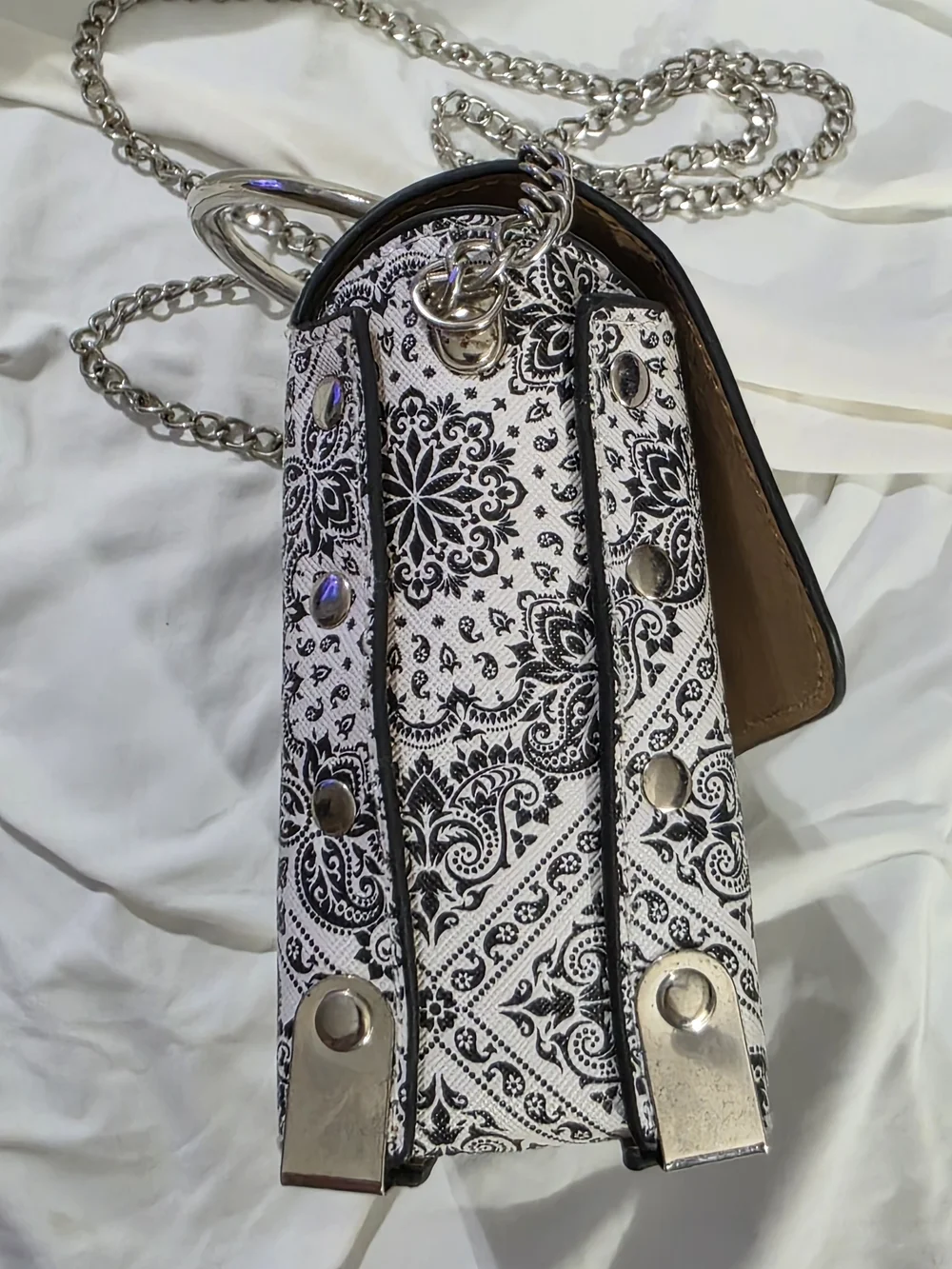 Black White Paisley Top Handle Bag Chain Strap Structured Purse